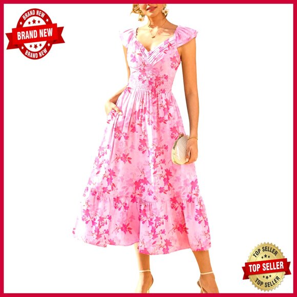 Dresses & Skirts - Floral Maxi Dress Ruffle Sleeve Smocked Sundress Flowy Wedding Guest Long